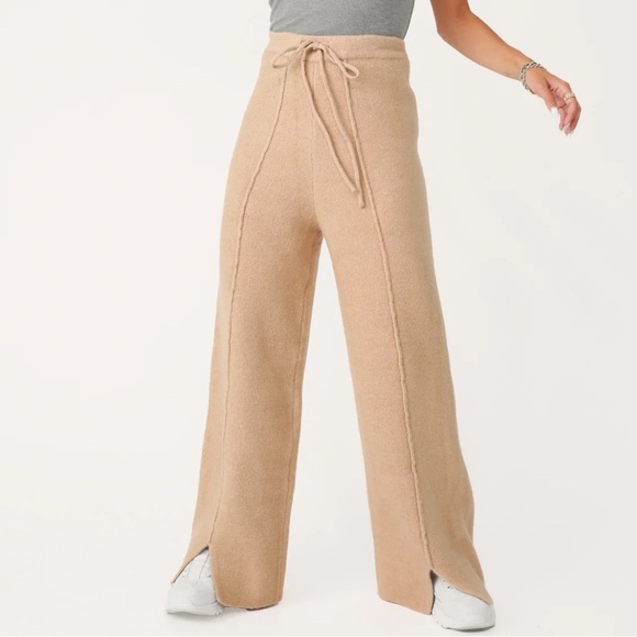 KITTENISH OATMEAL SWEATER WIDE LEG KNIT PANTS W FRONT SEAM AND DRAWSTRING SZ M - Picture 1 of 5
